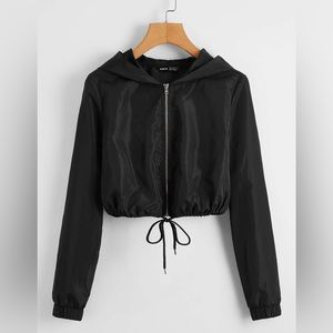 Zip Up Drawstring Hem Wind Hooded Jacket